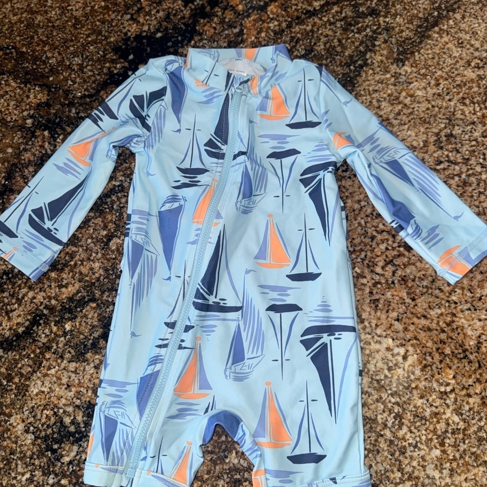 Kids Swimwear with Sailboat Print - Blue and Orange Rash Guard